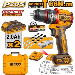 Taladro de Impacto Inalámbrico 1/2" 20V 66NM + 2 Baterías 2.0Ah + Cargador INGCO